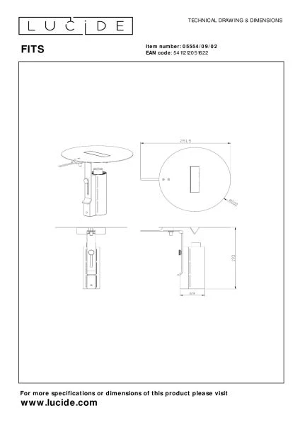Lucide Premium FITS - Lampe de table - Ø 20 cm - LED - 1x7W 3000K - Or Mat / Laiton - technique